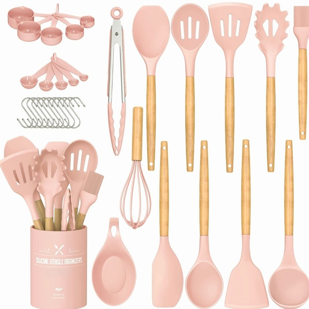 33 Pcs Silicone Cooking Utensils Set, Non-Stick, Heat Resistance (Pink)